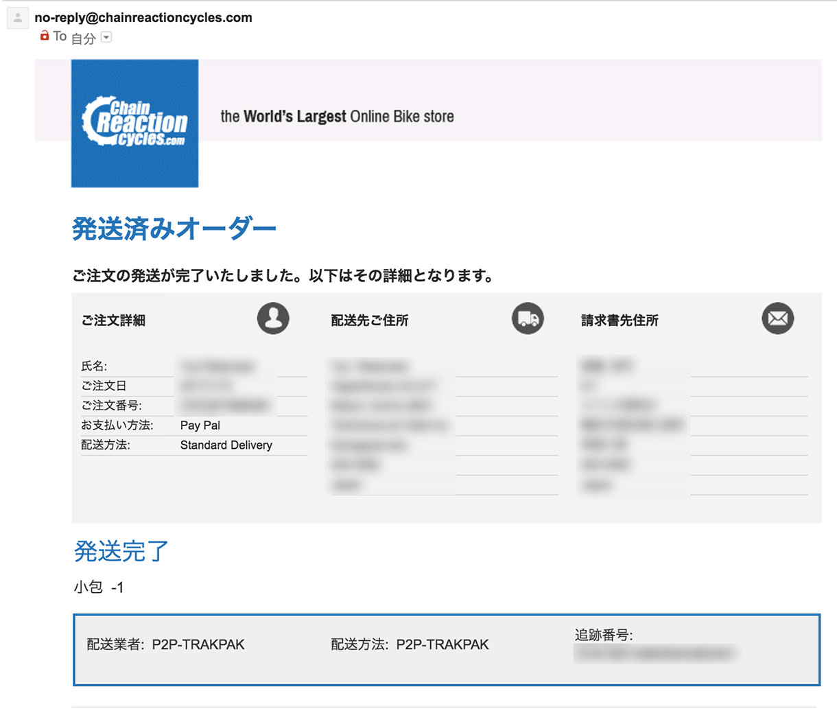 Chain Reaction Cyclesの発送完了メール